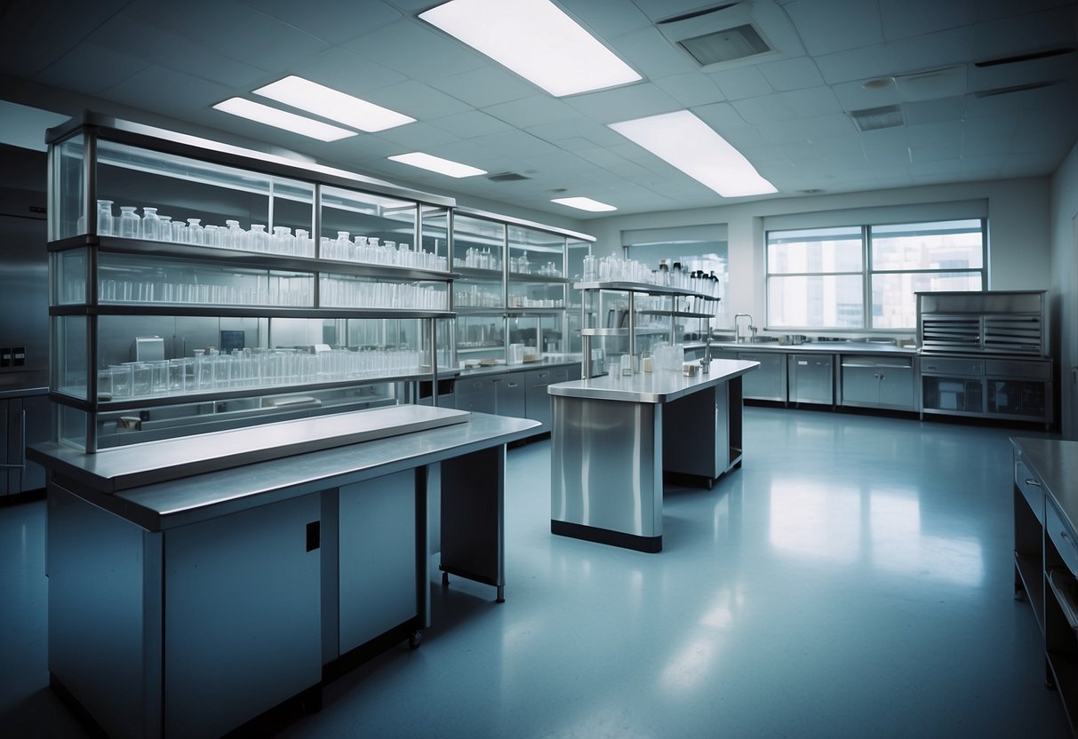 A modern science lab with sleek, stainless steel furniture and adjustable lab benches, shelves stocked with beakers and test tubes, and a large fume hood in the background