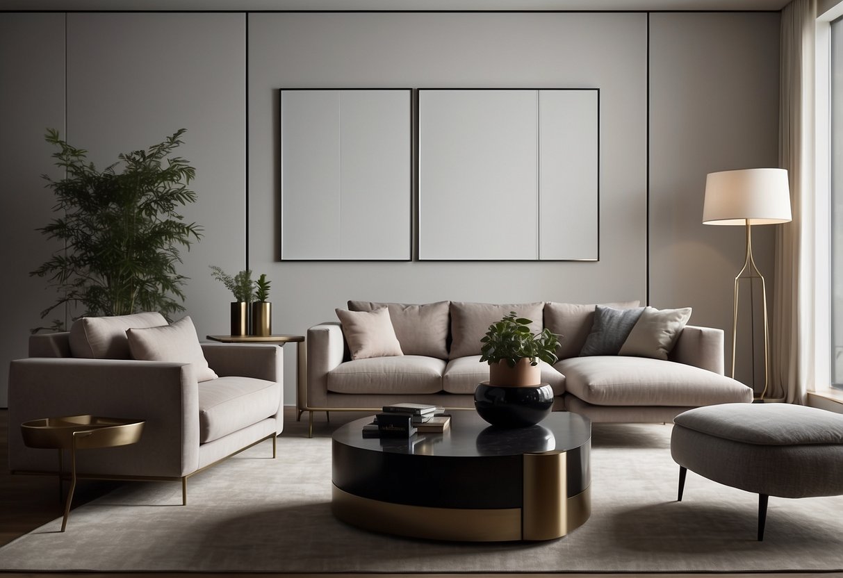 A modern living room with Kohler furniture arranged in a sleek and stylish manner, with clean lines and a minimalist aesthetic