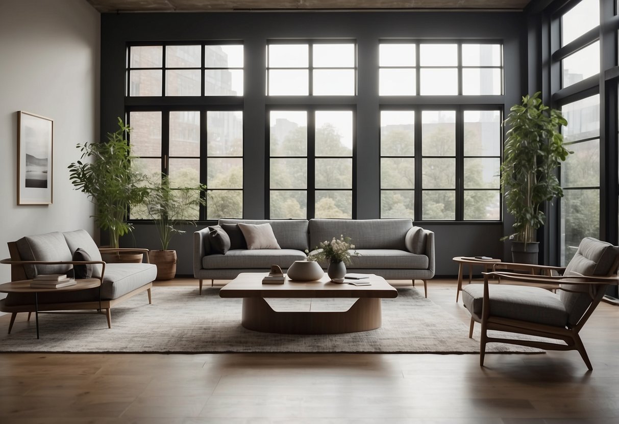 A modern living room with SP01 furniture, featuring sleek lines and minimalist design. The space is bright with natural light, and the furniture is arranged in a clean and inviting manner