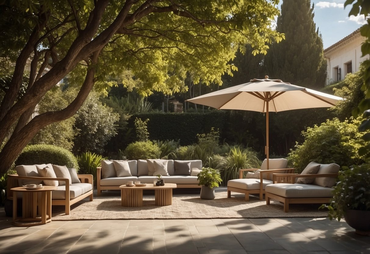 A lush garden with Tribù outdoor furniture arranged on a stone patio. Sunlight filters through the trees, casting dappled shadows on the elegant, modern pieces