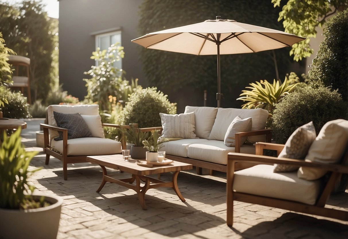 A sunny outdoor patio with modern, comfortable furniture arranged in an inviting and stylish manner. The setting is peaceful and perfect for relaxation and socializing