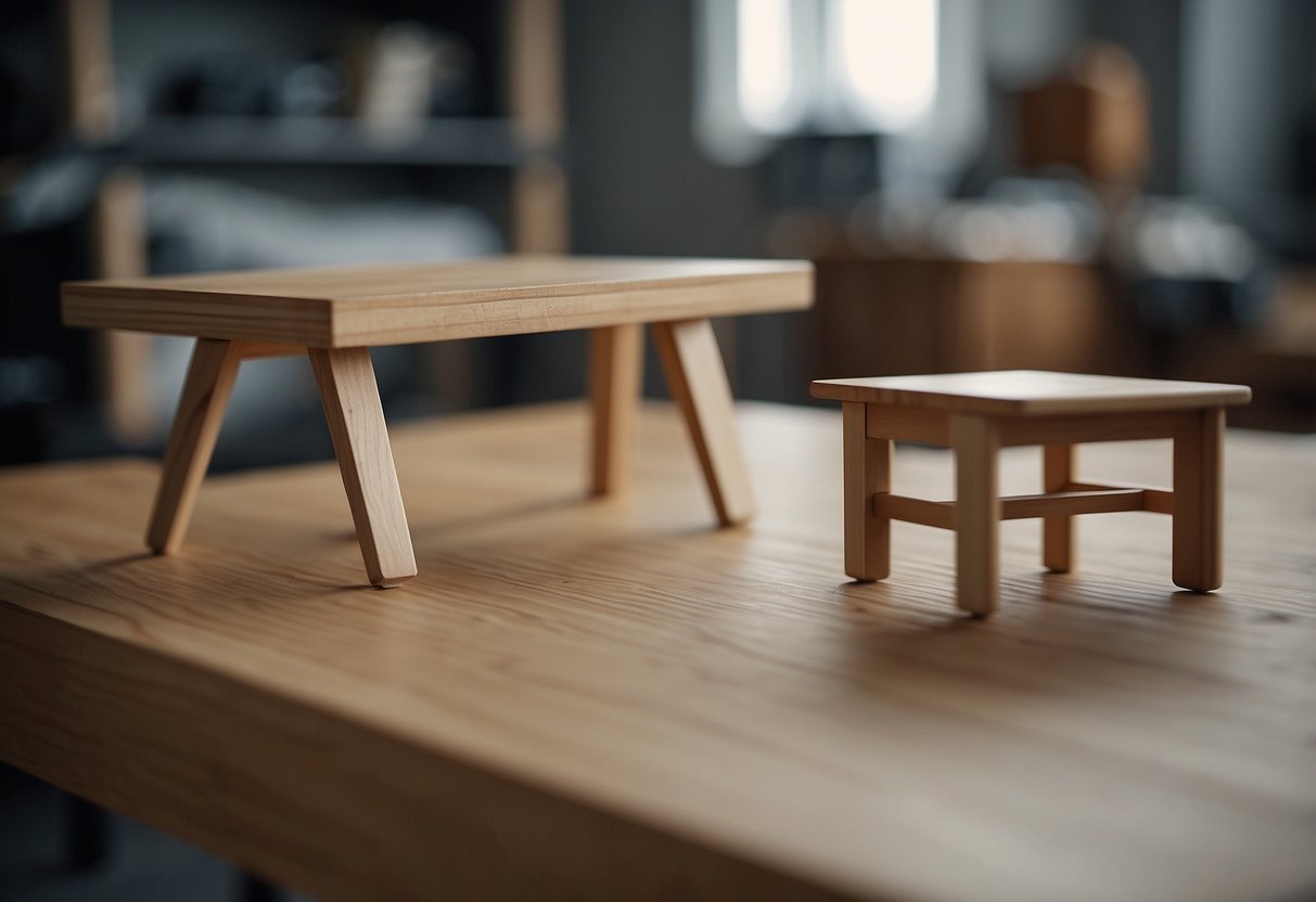 Furniture with uneven legs sits on a flat surface. A person uses a level and shims to adjust the legs until the furniture is stable and even