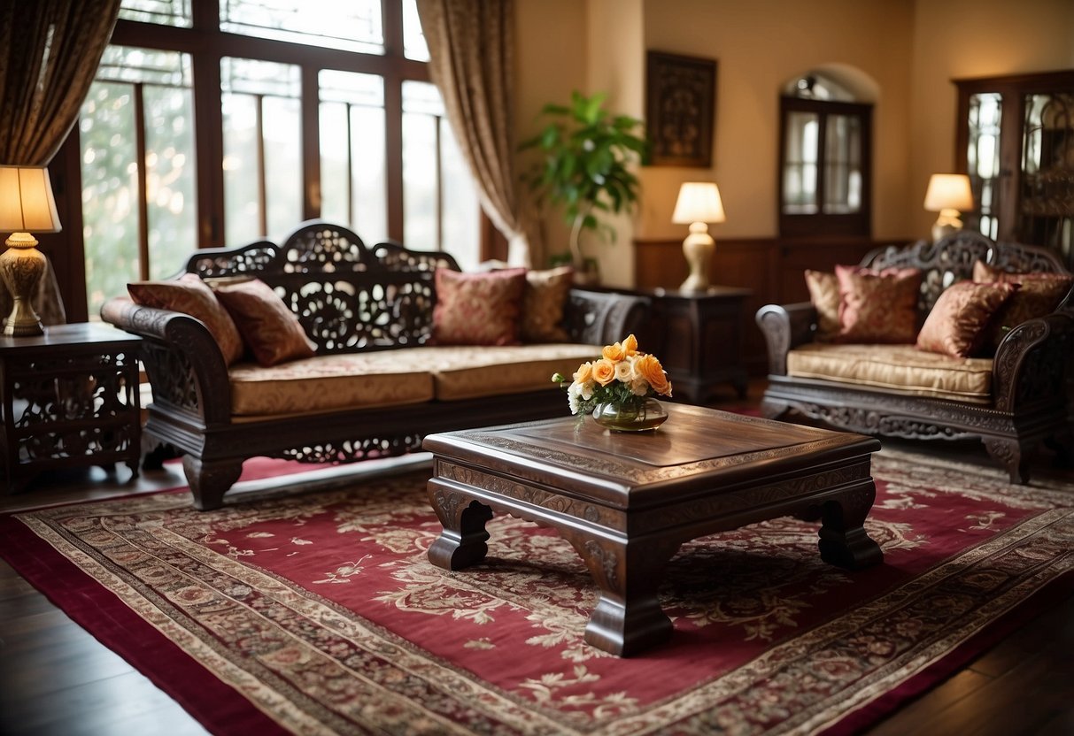 An elegant oriental living room with a low wooden table, floor cushions, and intricate carved furniture. A silk rug with floral patterns adorns the polished wooden floor