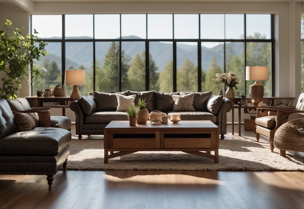 Twenty two pieces of furniture arranged in a spacious room with ample natural lighting