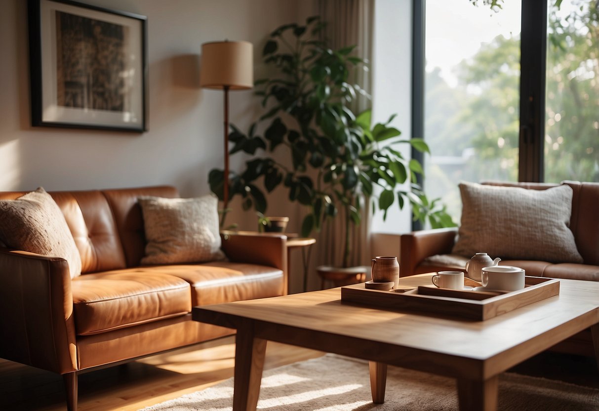 A cozy living room with a teak coffee table, chairs, and a bookshelf. Sunlight streams through the window, highlighting the rich, natural wood grain of the furniture