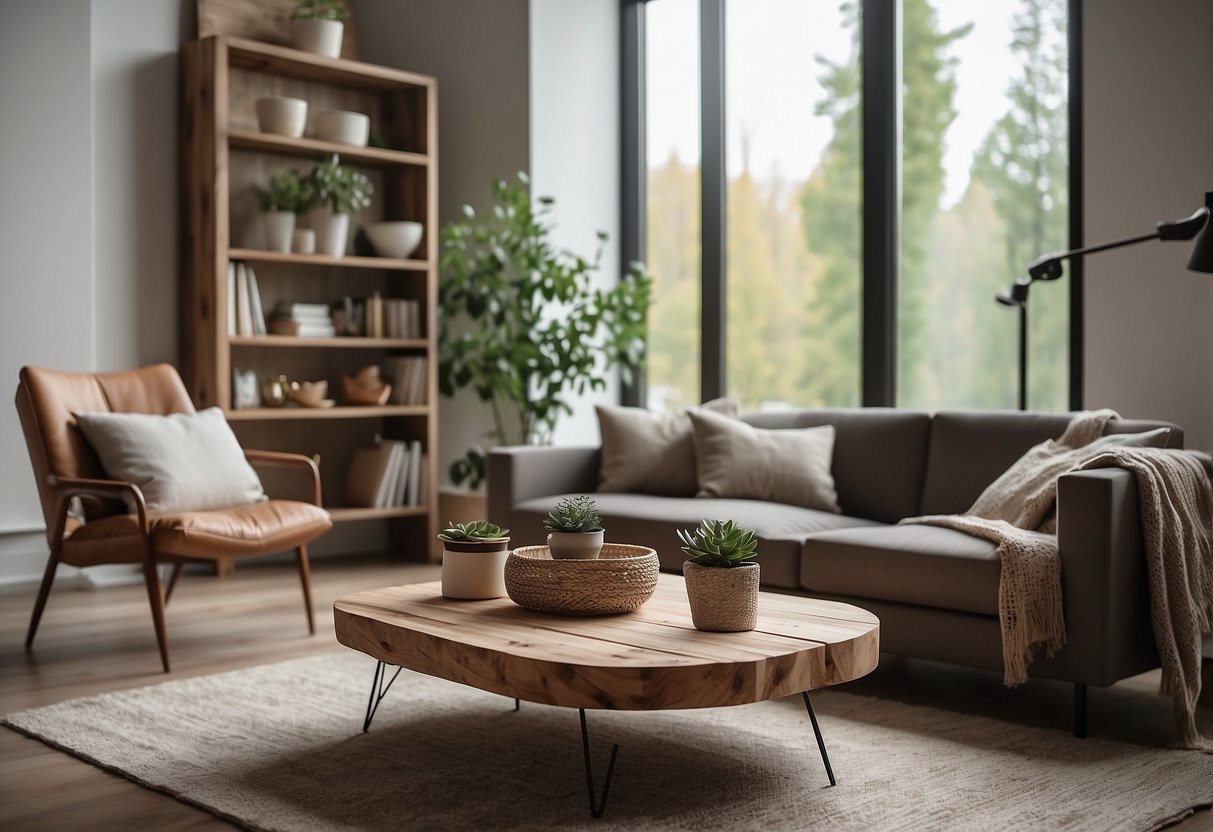 A cozy living room with a modern, minimalist design, featuring a sleek coffee table, a rustic dining set, and a stylish bookshelf, all made from recycled wood