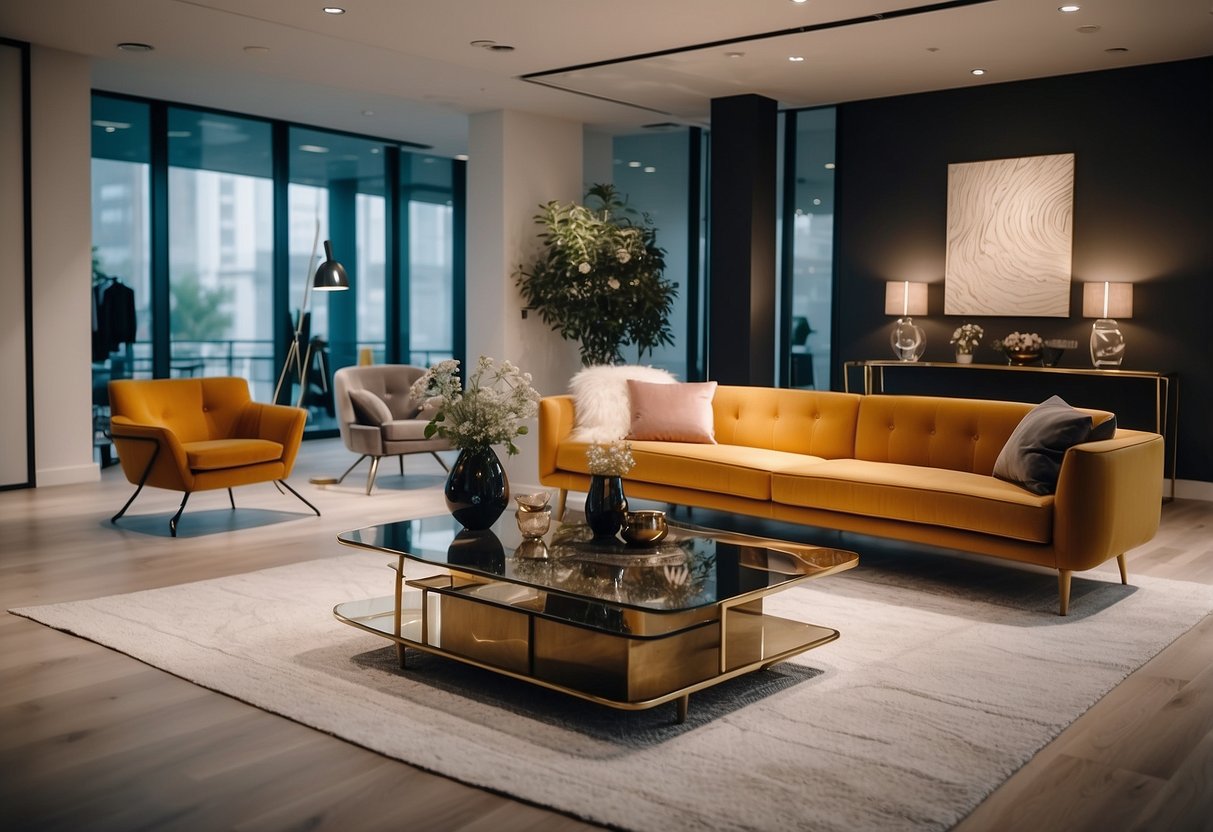 A brightly lit showroom with modern furniture arranged in an inviting display. Clean lines and minimalist design create a sleek and sophisticated atmosphere