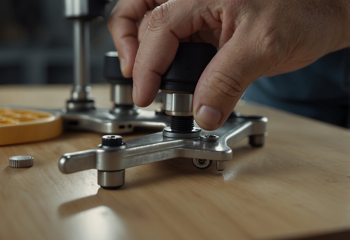 A table with wobbly legs is being fixed using a level and a screwdriver. The person is adjusting the screws to make the legs even
