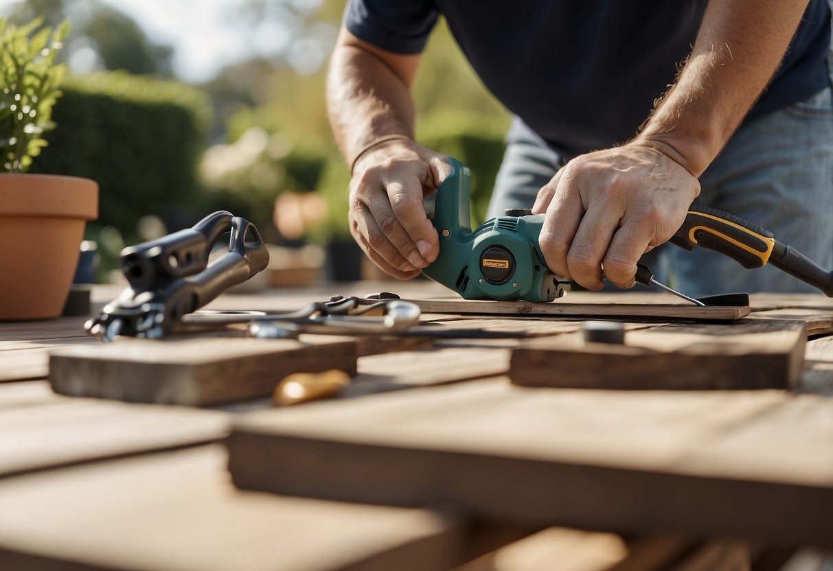 A person repairing outdoor furniture with tools and materials spread out on a patio or deck