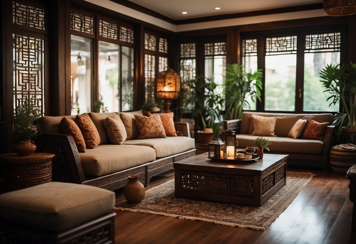 A cozy, traditional oriental living room with low wooden tables, floor cushions, intricate patterns, and rich colors