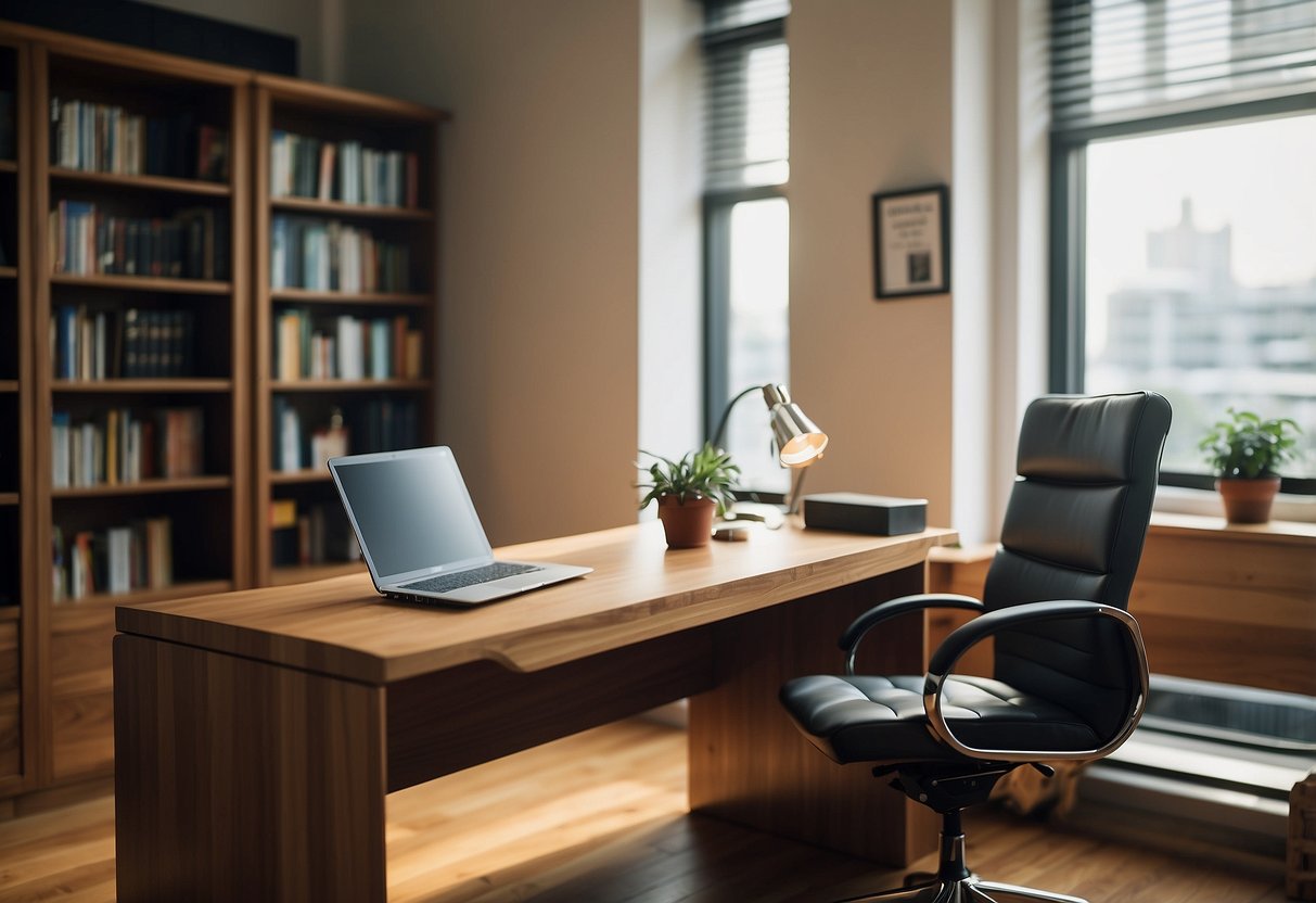 A teak desk and chair in a well-lit office, with books and a laptop on the desk, showcasing durability and functionality in home and office furniture