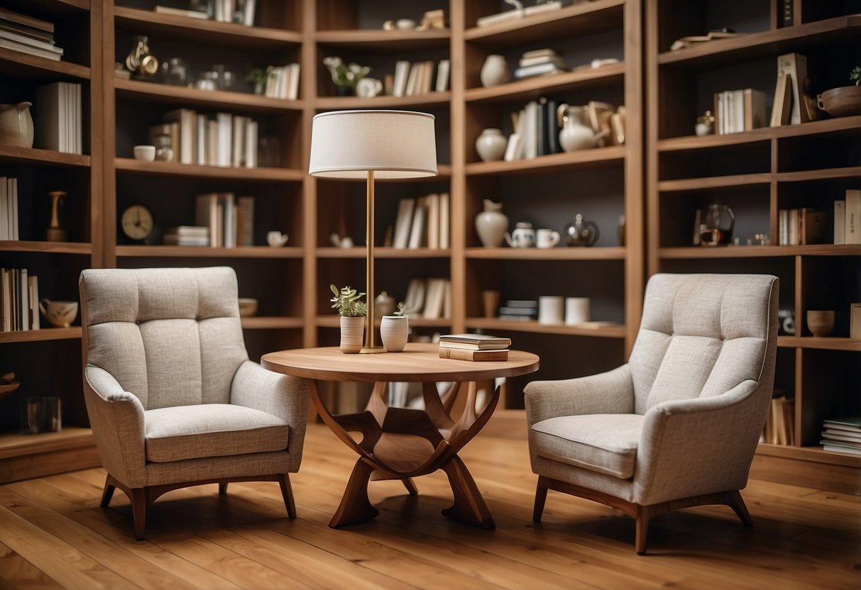 A room filled with paper furniture, including a table, chairs, and a bookshelf. The furniture is intricately folded and crafted, giving the room a whimsical and artistic feel
