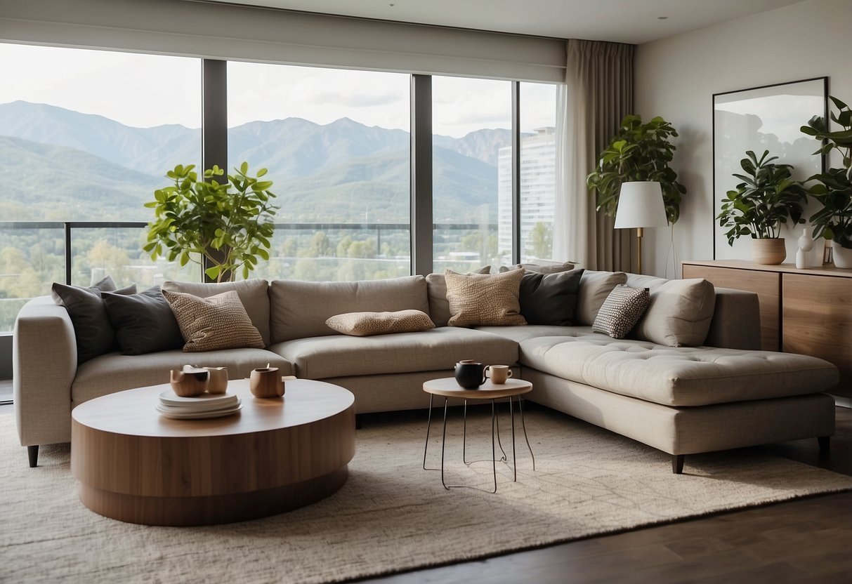 A modern living room with plush furniture, including a large, comfortable sofa, soft throw pillows, and a sleek coffee table
