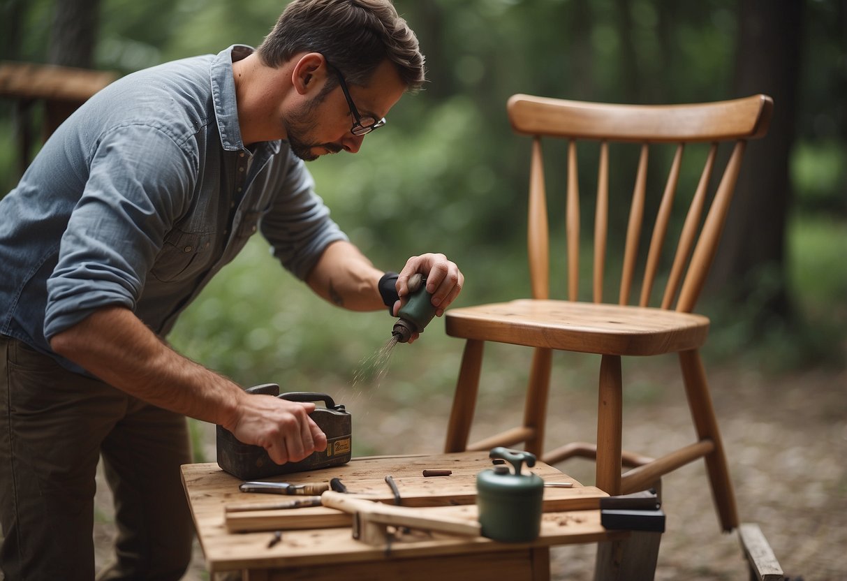 A person sanding and repainting a wooden chair with a toolbox and supplies nearby