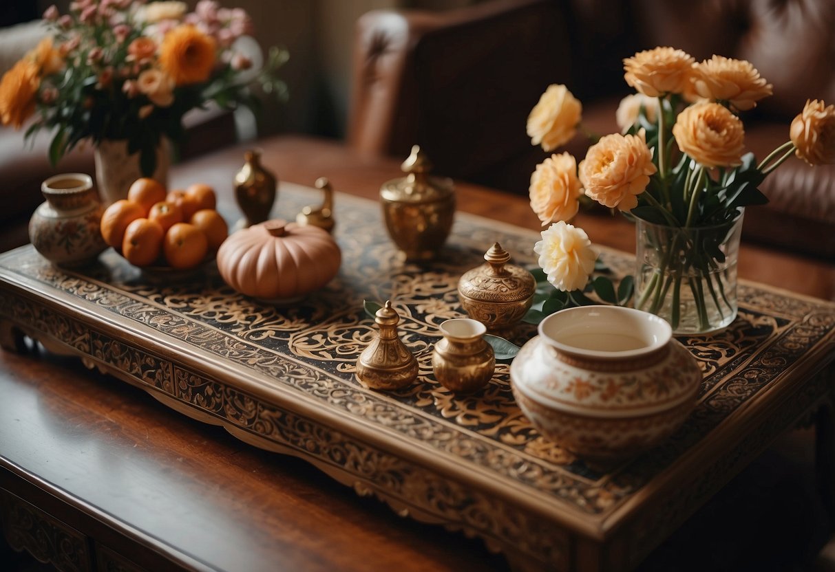 A person carefully dusts and arranges oriental living room furniture, placing fresh flowers on a low table. The room is filled with warm, earthy colors and intricate patterns, creating a serene and inviting atmosphere