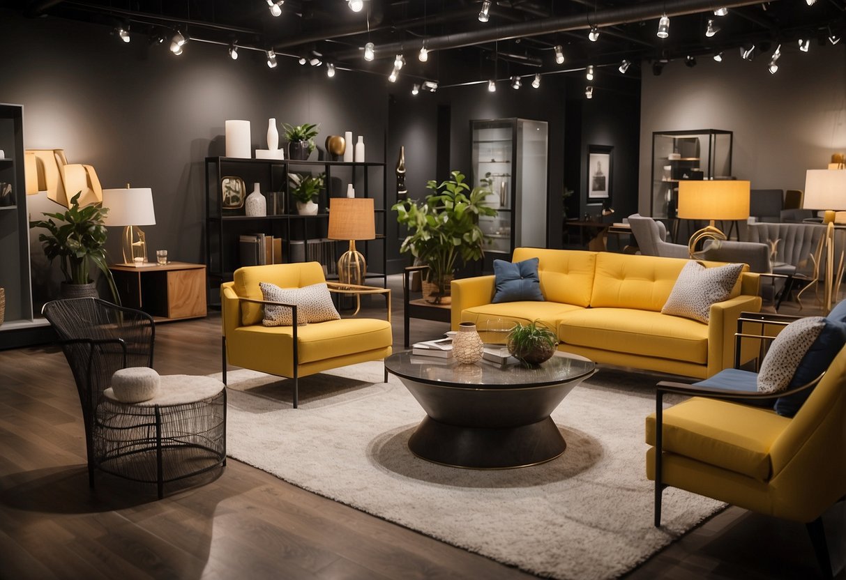 Customers browsing modern furniture displays at Twenty Two Furniture showroom. Bright lighting highlights sleek designs and vibrant colors