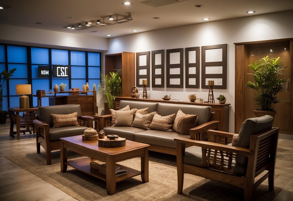 A showroom with neatly arranged teak furniture, a sign reading "Frequently Asked Questions" displayed prominently