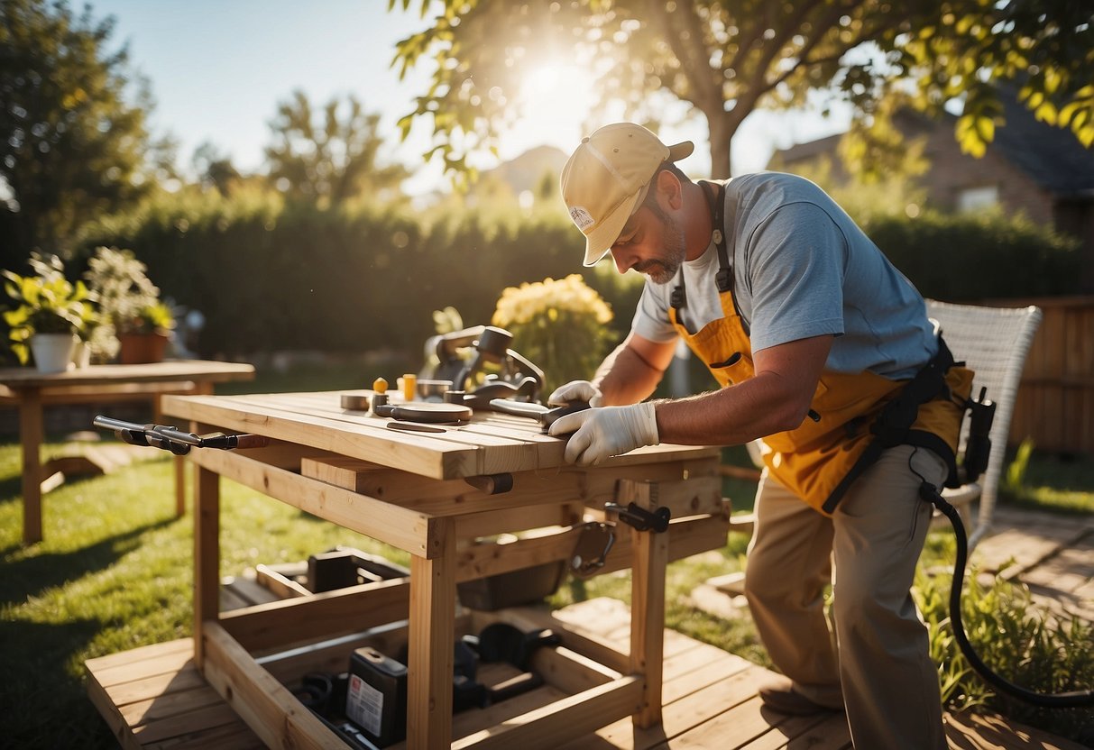 A technician repairing outdoor furniture with tools and materials in a sunny backyard setting