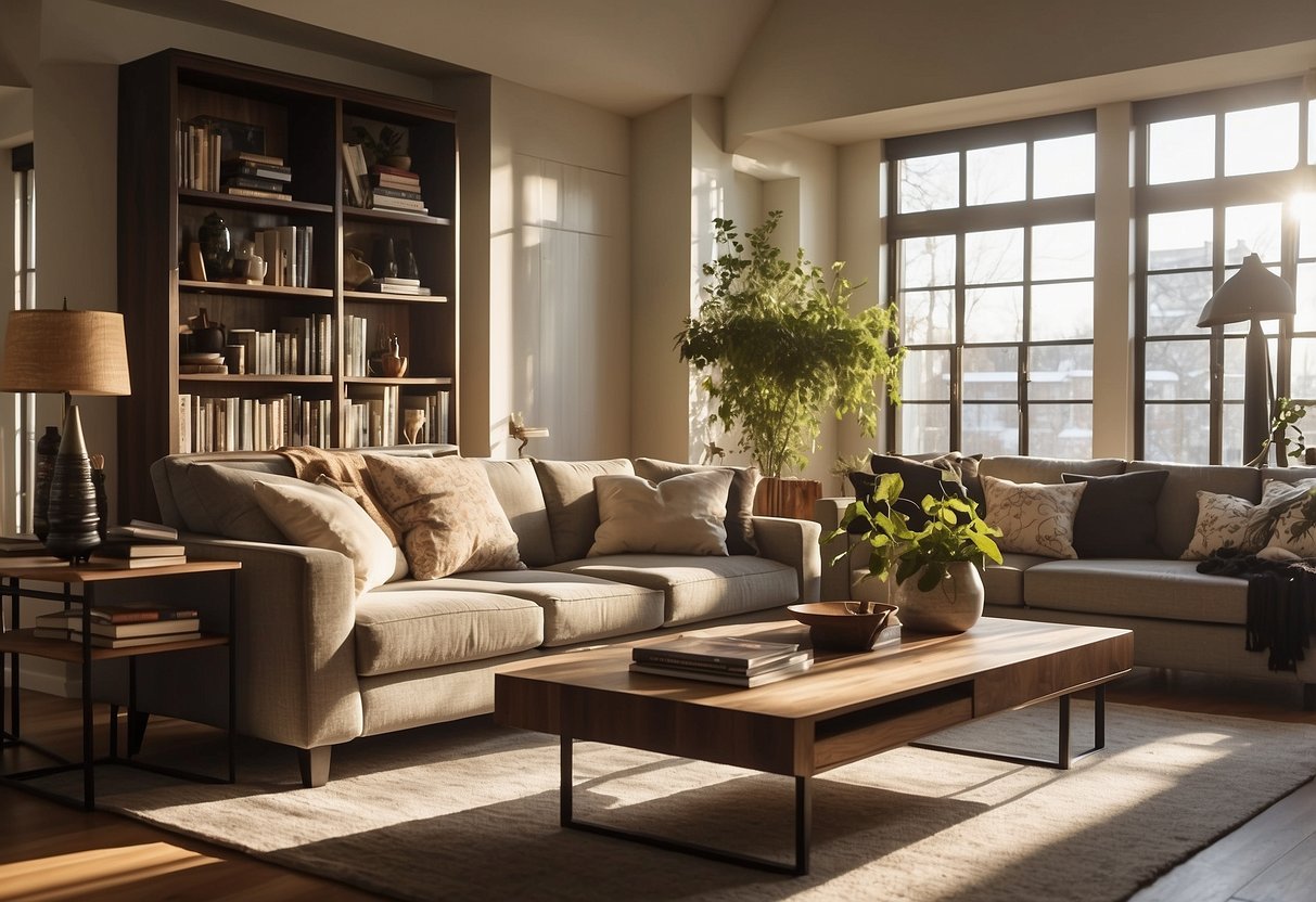 A cozy living room with a modern sofa, elegant coffee table, and stylish bookshelf. Sunlight streams through the window, highlighting the quality furniture at affordable prices
