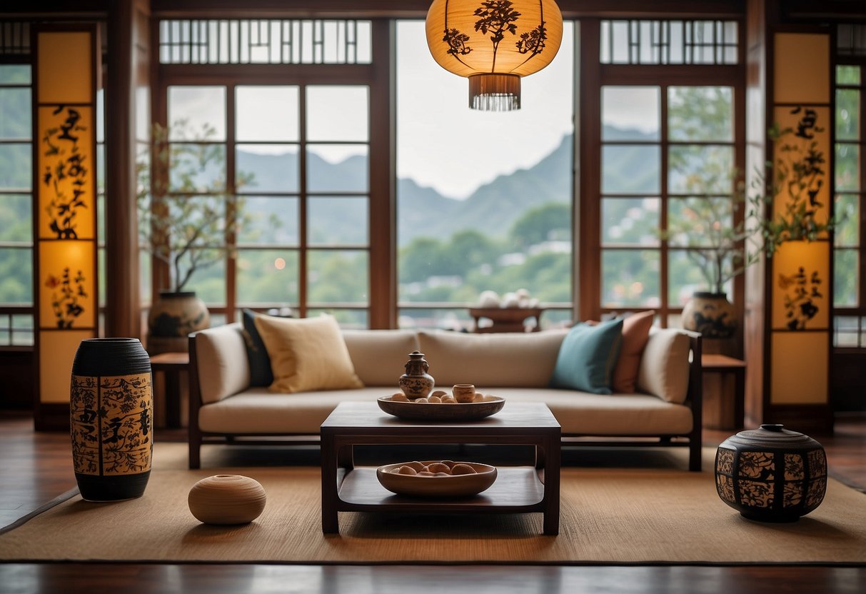 An oriental living room with low wooden tables, floor cushions, and intricately patterned rugs. Traditional Japanese shoji screens separate the space, while ornate Chinese vases and decorative lanterns add to the ambiance