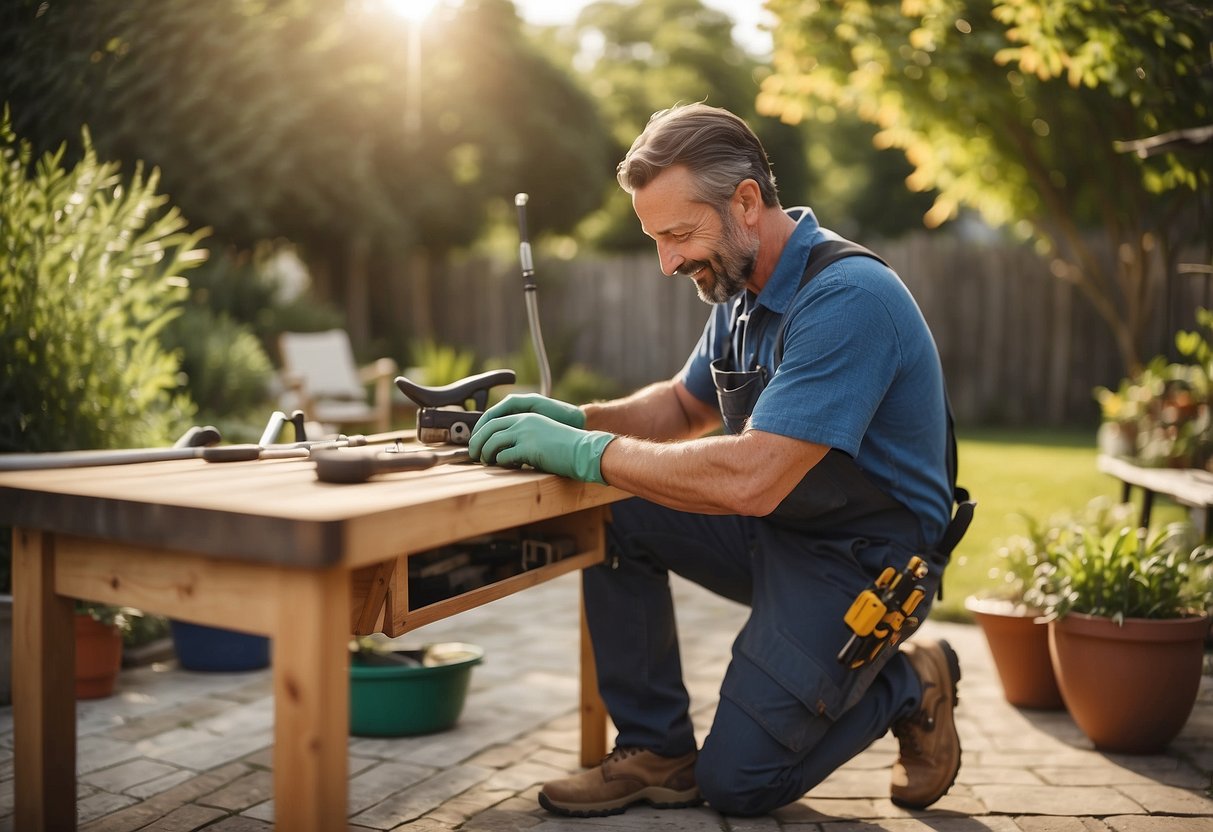 A technician repairing outdoor furniture with tools and materials in a sunny backyard setting