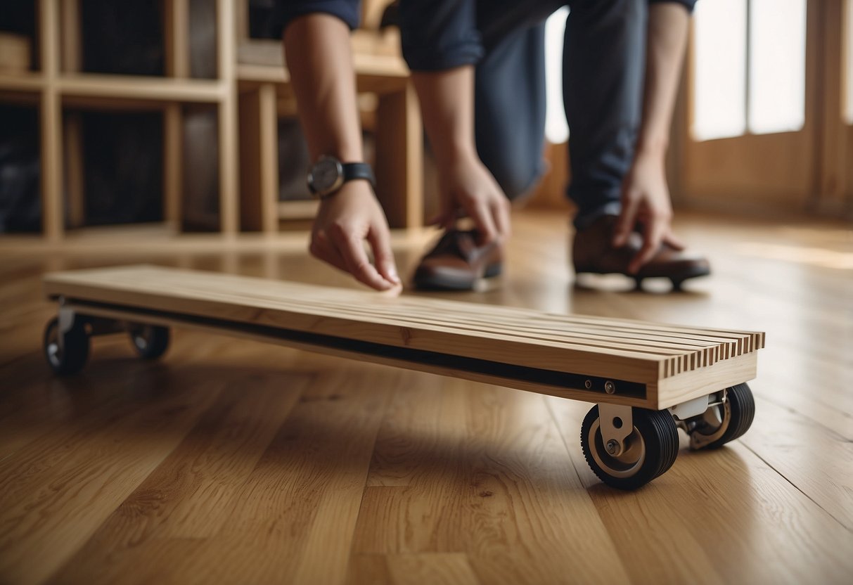 Furniture with uneven legs on a hardwood floor, with a person using a level and shims to adjust the height