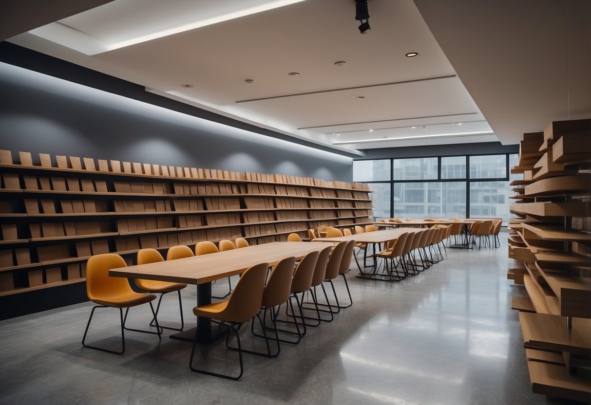 A room with paper chairs, tables, and shelves. Functional, modern design. Clean lines and minimalist aesthetic
