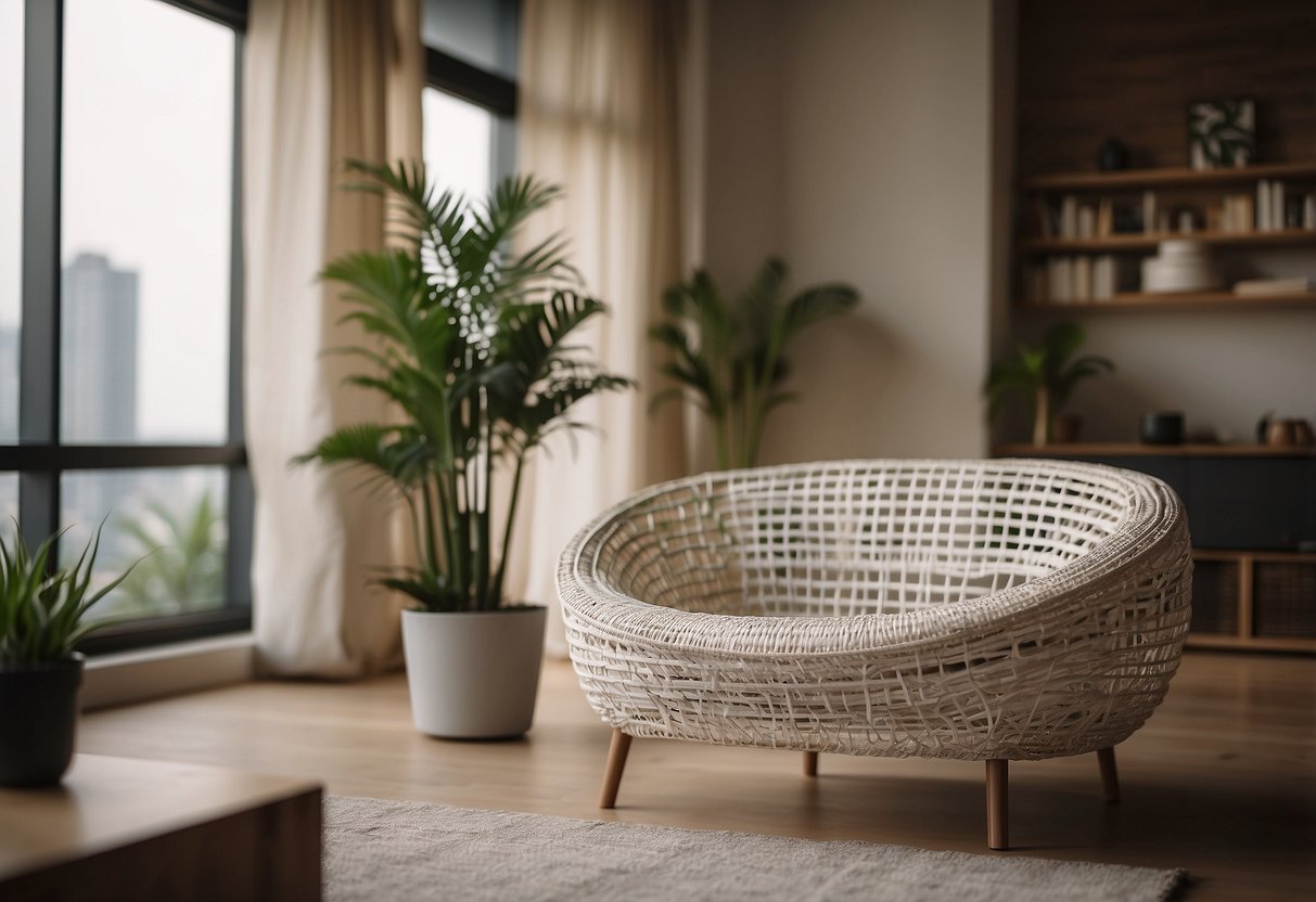 A paper furniture piece stands in a modern, eco-friendly living room, showcasing global influence and sustainability