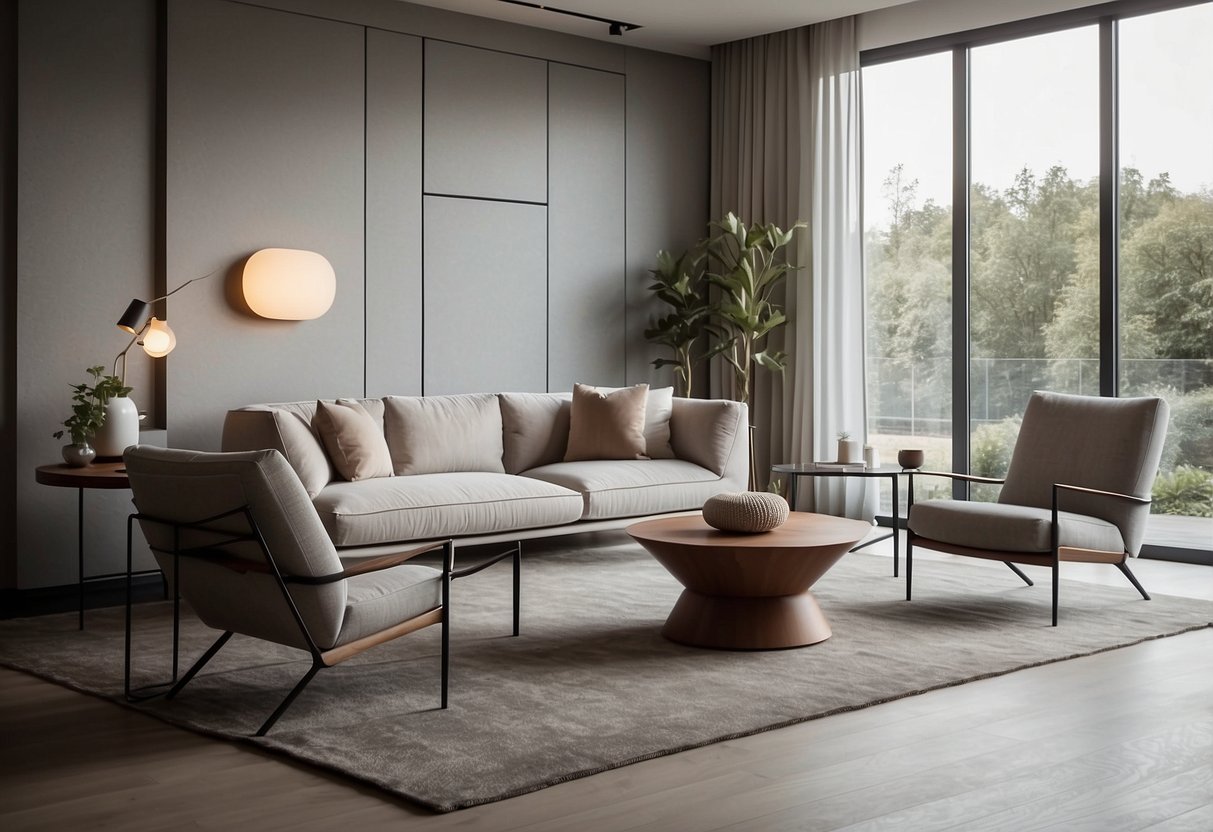 A modern living room with sleek Plust furniture: a rounded armchair, a minimalist coffee table, and a unique floor lamp