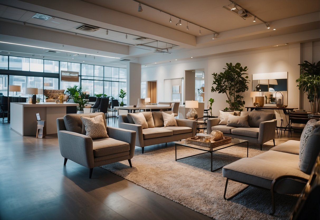 A well-lit showroom with modern, stylish furniture displayed at budget-friendly prices. Bright signage highlights the quality and affordability of the furnishings