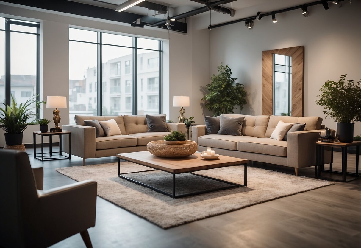 A bright, spacious showroom with modern furniture displays, soft lighting, and a welcoming ambiance