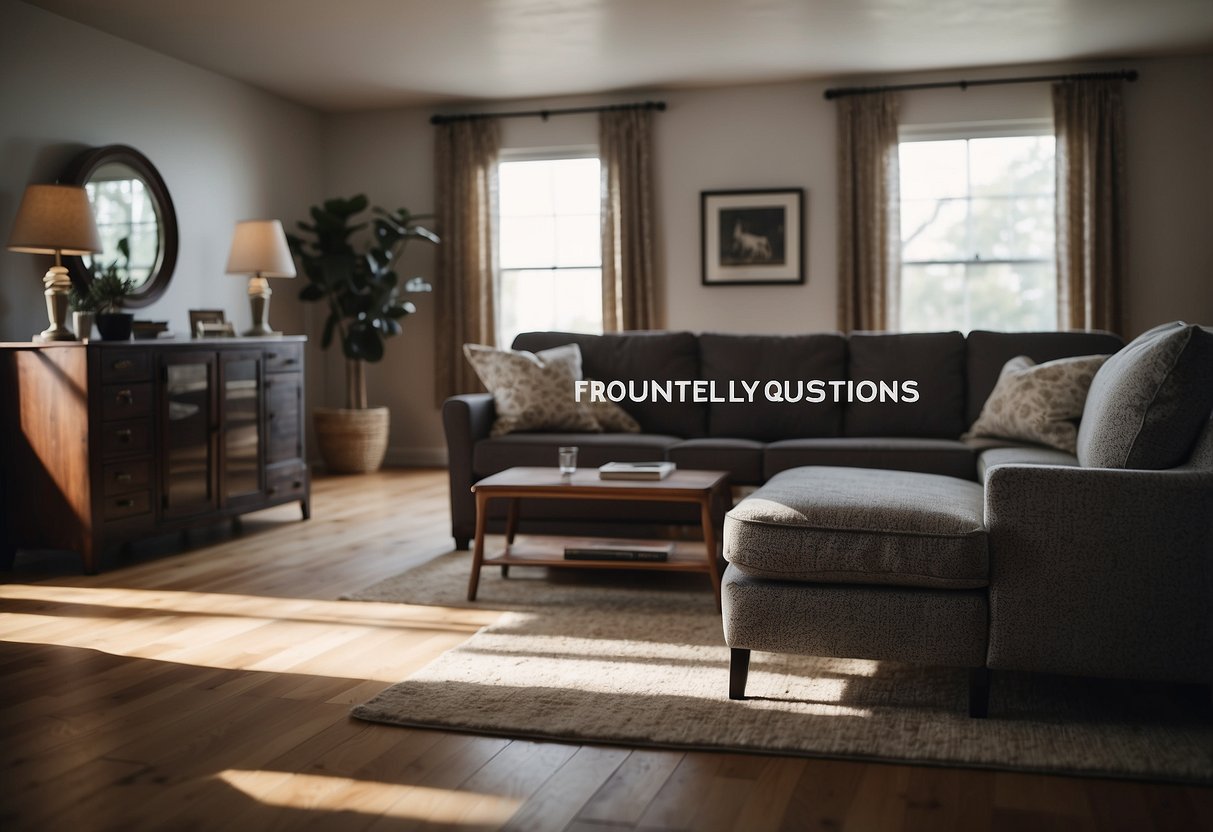 A room with various furniture pieces labeled "Frequently Asked Questions" in bold letters