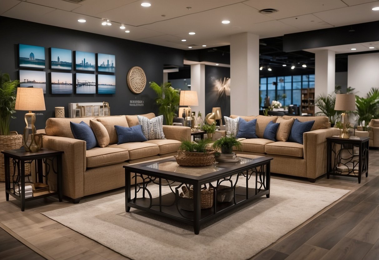 A well-lit showroom displays high-quality furniture at budget-friendly prices. Customers browse and inquire about the products