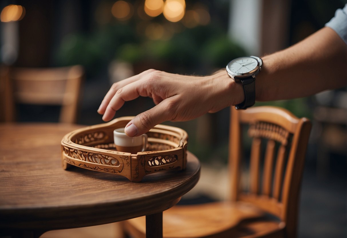 A hand reaches out to touch a wooden chair, surrounded by other handcrafted furniture pieces