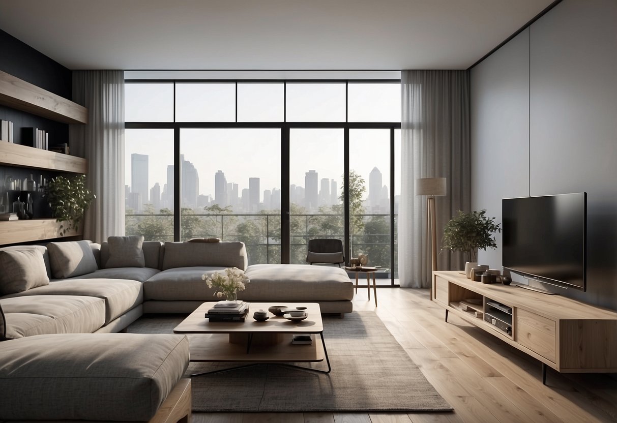 A modern living room with PK furniture system, featuring sleek lines, minimalist design, and integrated storage solutions