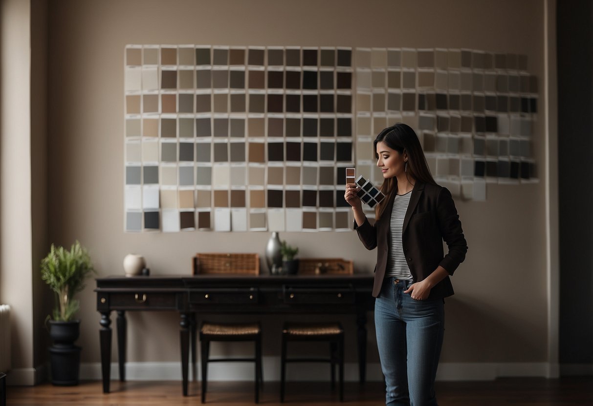 A person is standing in a room with dark brown furniture, holding up different paint swatches against the wall to find the perfect color
