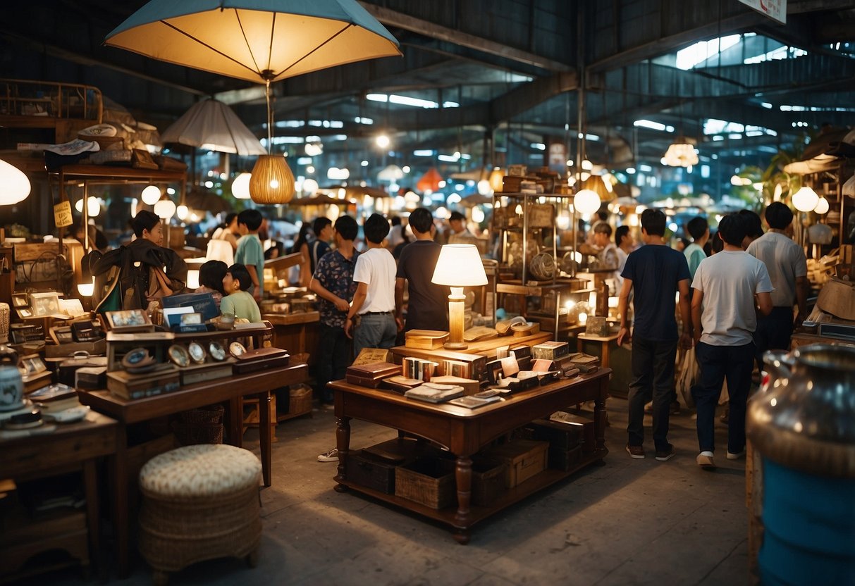 Customers browsing through an eclectic array of second-hand furniture in a bustling Singapore market