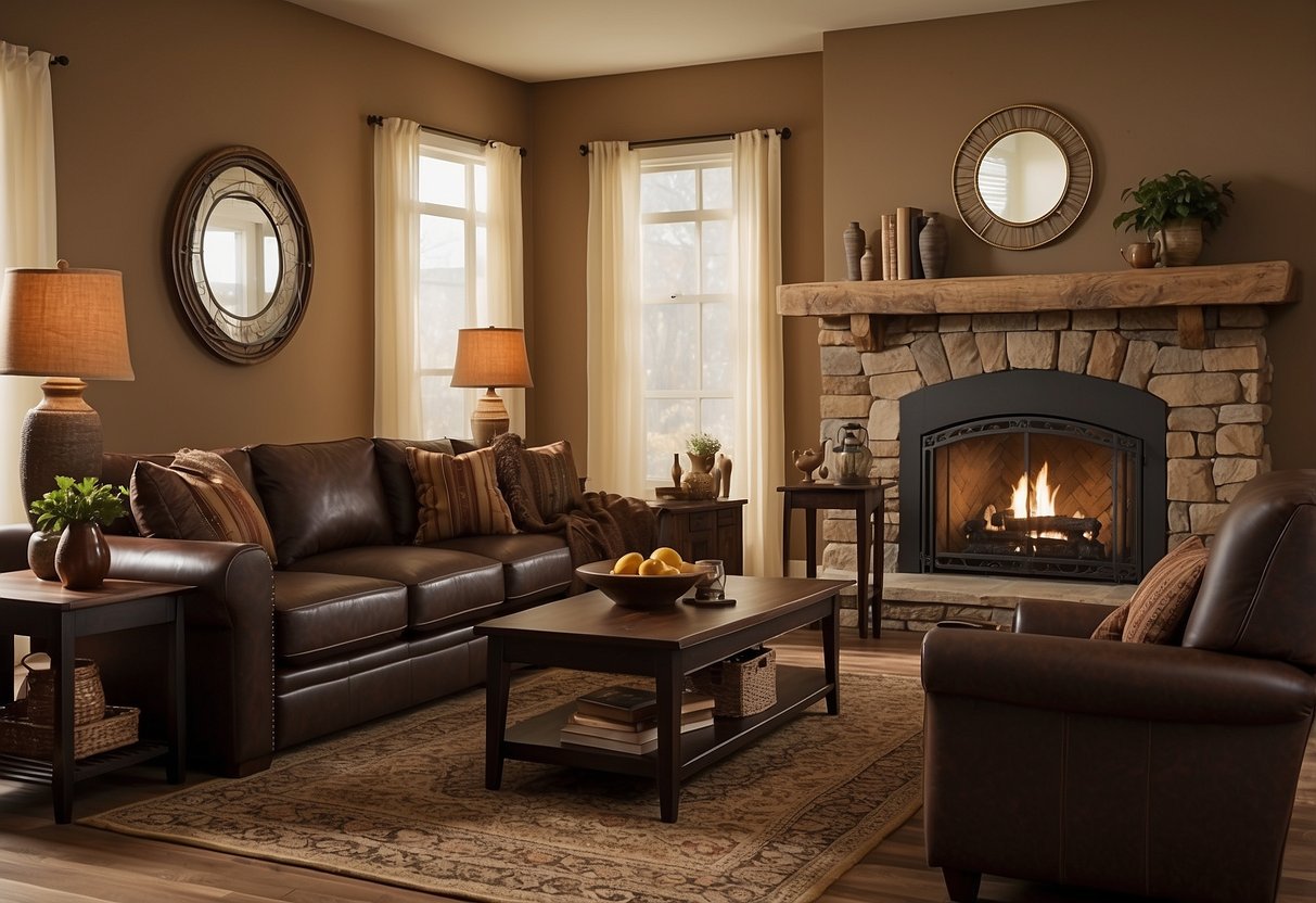 A cozy living room with dark brown furniture against a backdrop of warm, earthy wall colors to create a welcoming and inviting atmosphere