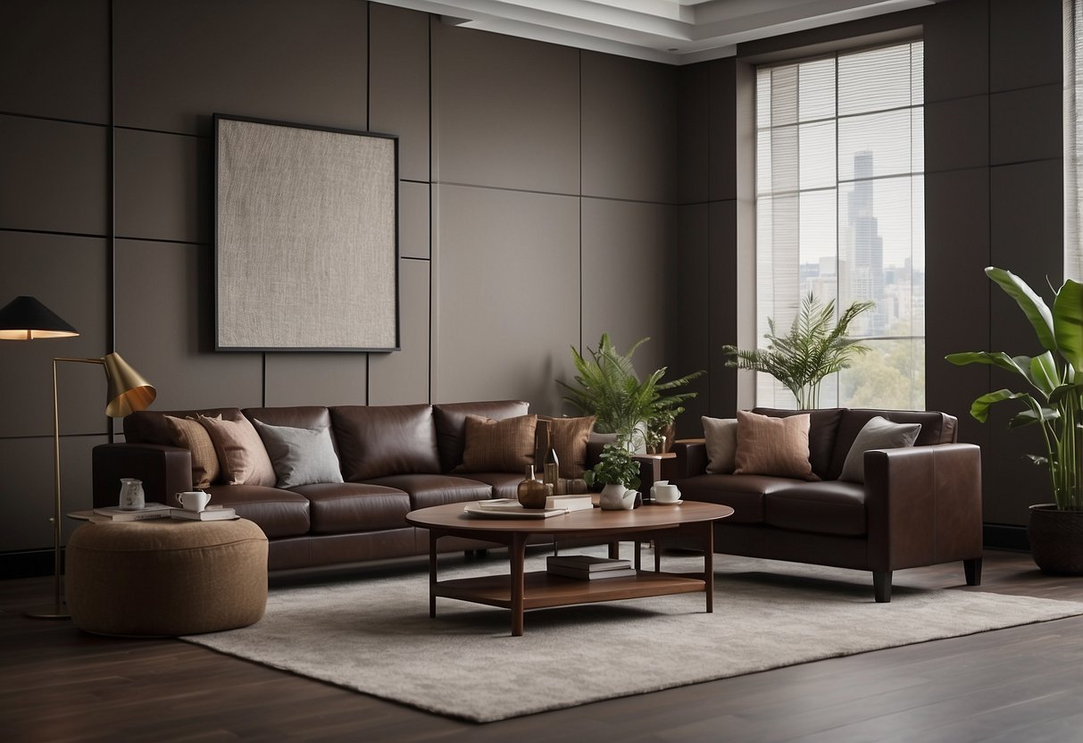 A room with dark brown furniture against a wall painted in a neutral or light color. The furniture stands out against the backdrop