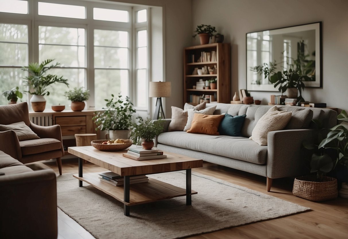 A cozy living room with a mix of vintage and modern furniture, creating a harmonious and stylish space