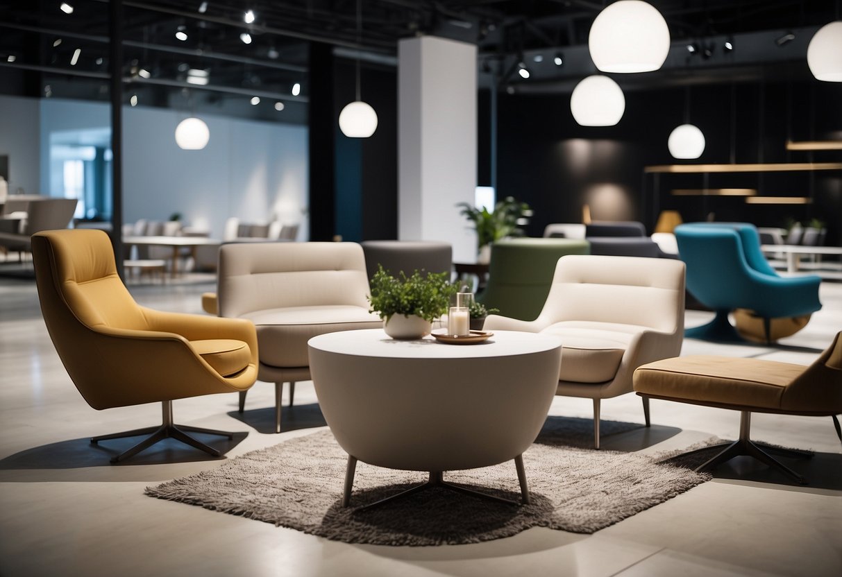 A modern, sleek furniture showroom with clean lines and minimalist decor. Bright lighting highlights the stylish displays of chairs, tables, and cabinets