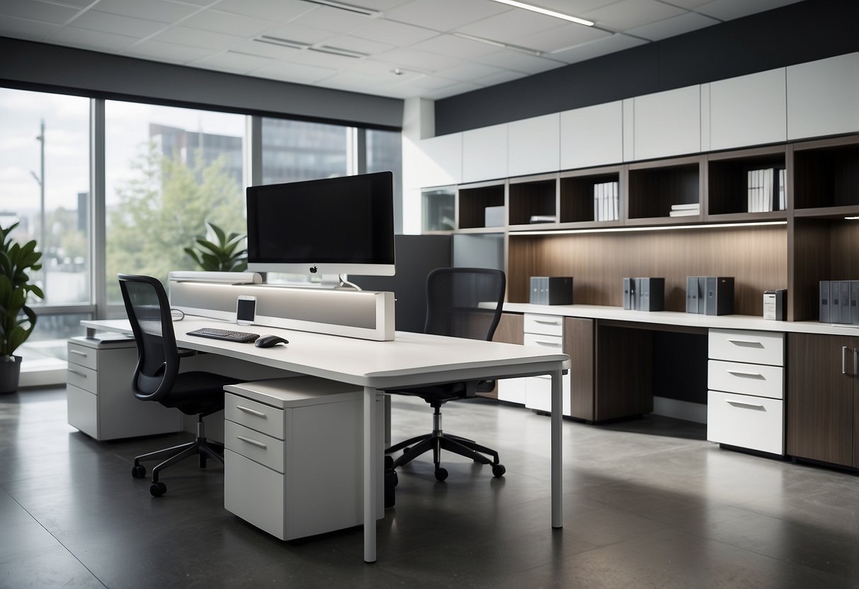 A modern office setting with a sleek and modular furniture system, featuring desks, shelves, and storage units. Clean lines and contemporary design