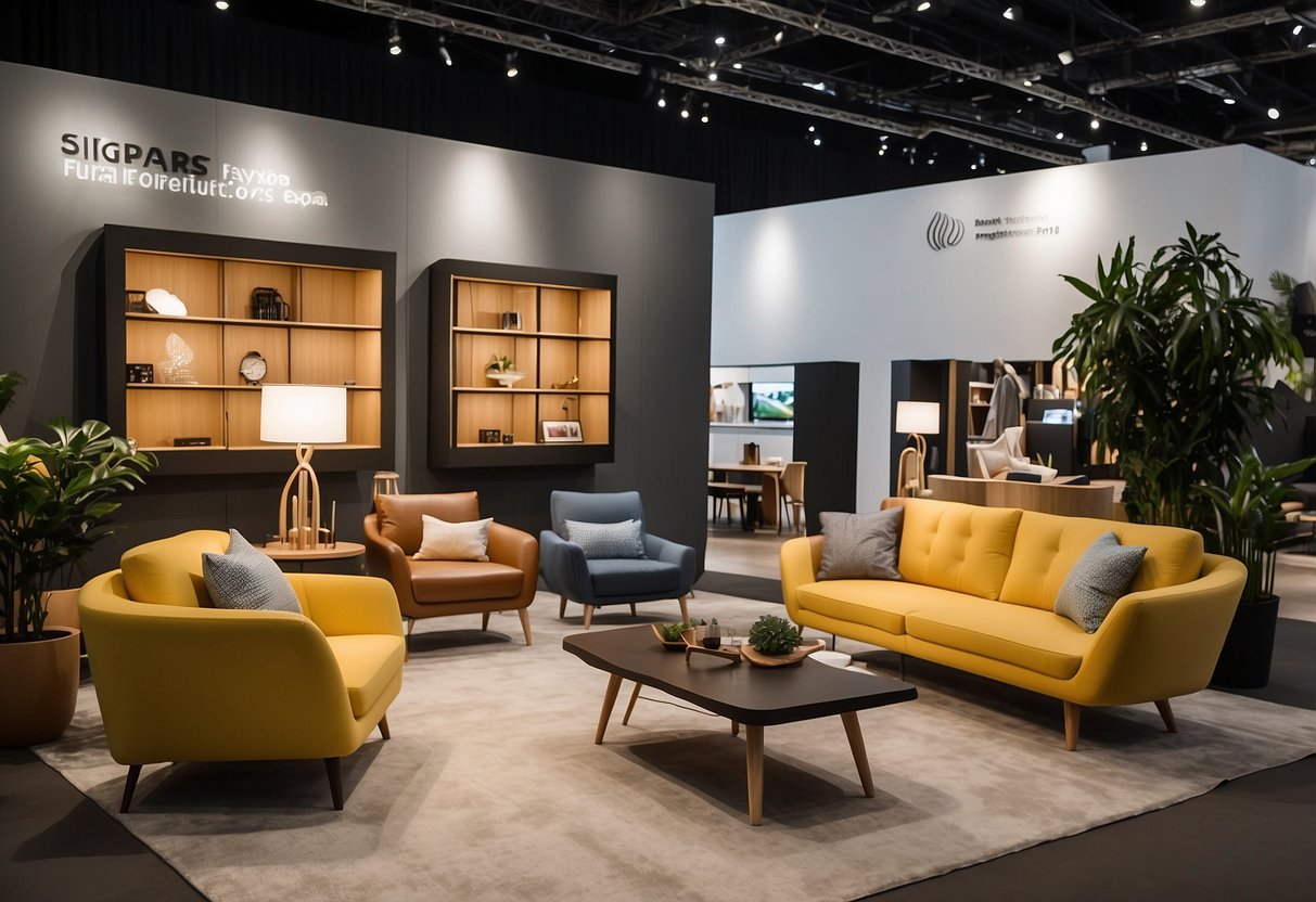 The Singapore furniture expo buzzes with attendees exploring modern designs and innovative home furnishings. Brightly lit booths showcase sleek sofas, elegant dining sets, and trendy decor