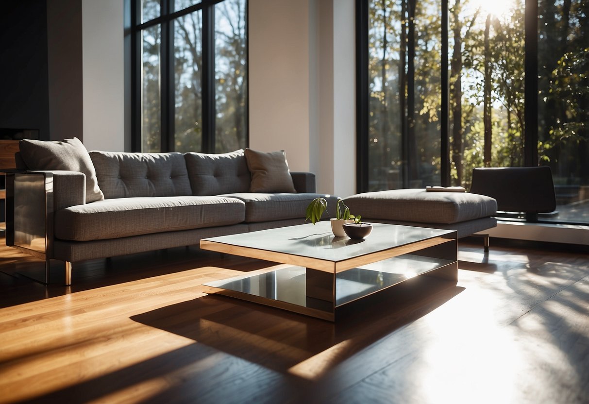 A sleek, modern sofa and coffee table sit in a sunlit living room, casting a shimmering reflection on the polished hardwood floor