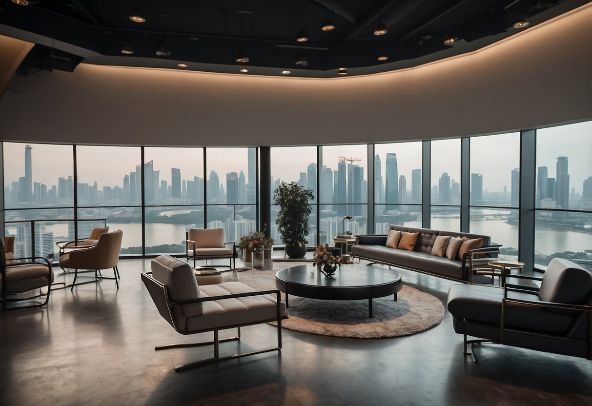 A showroom filled with sleek steel furniture, from minimalist chairs to industrial-style tables, with a backdrop of modern Singapore skyline
