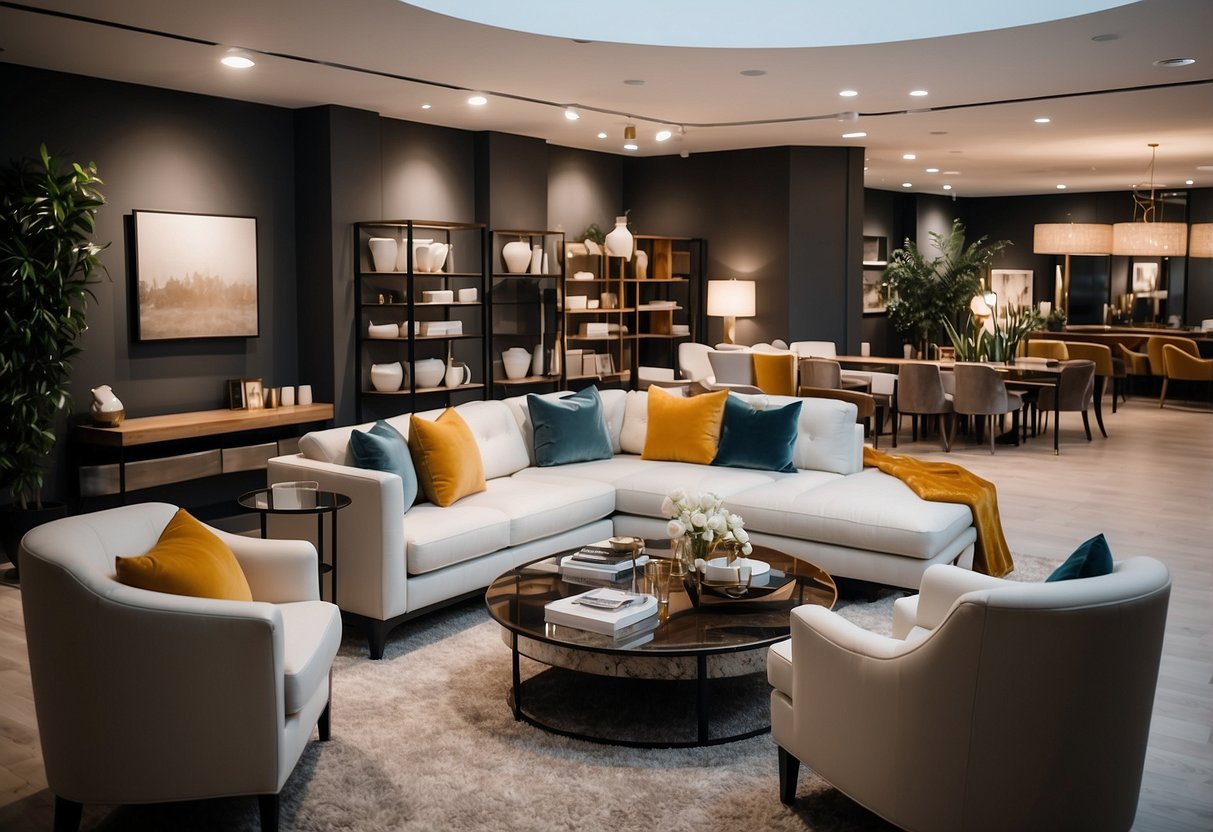 A showroom filled with sleek, modern furniture in various styles and colors, from elegant sofas to minimalist dining sets and functional storage solutions