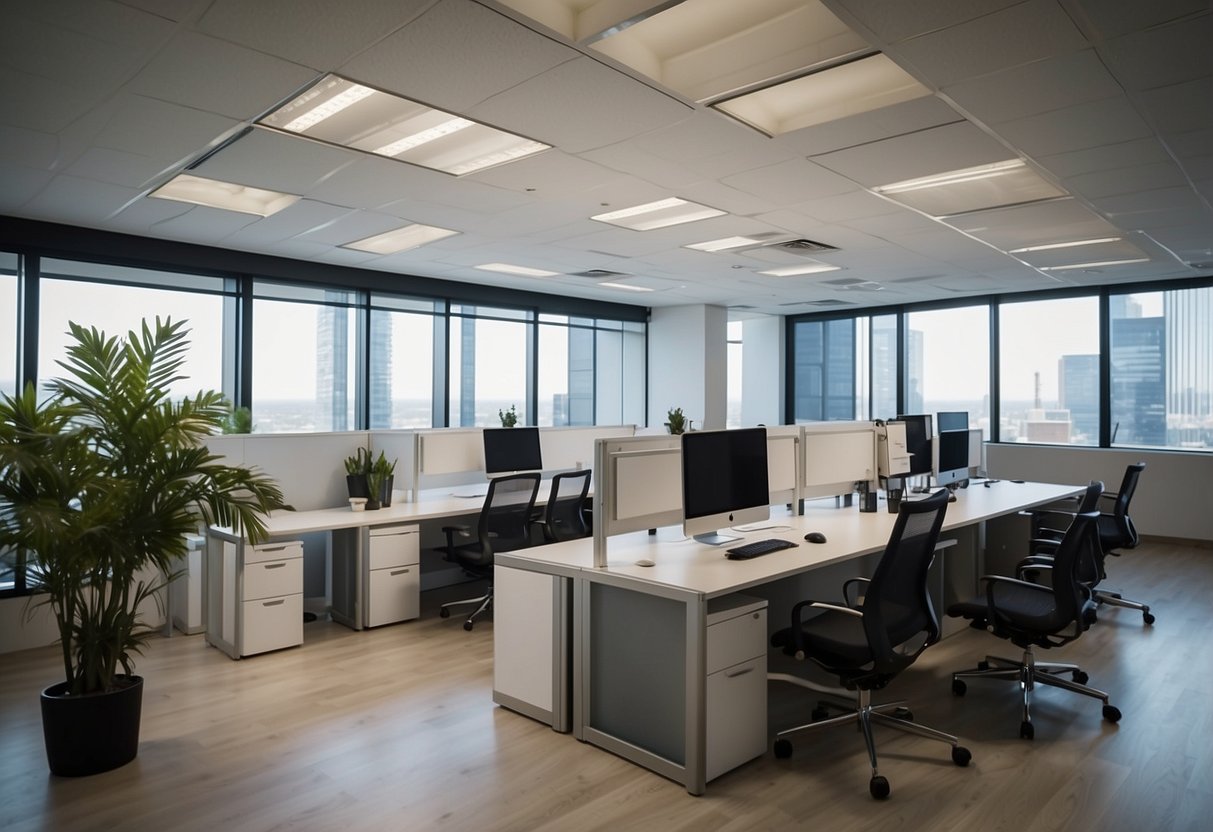 A sleek, modern office space with silverline furniture arranged in a clean and organized manner, exuding an atmosphere of professionalism and excellence