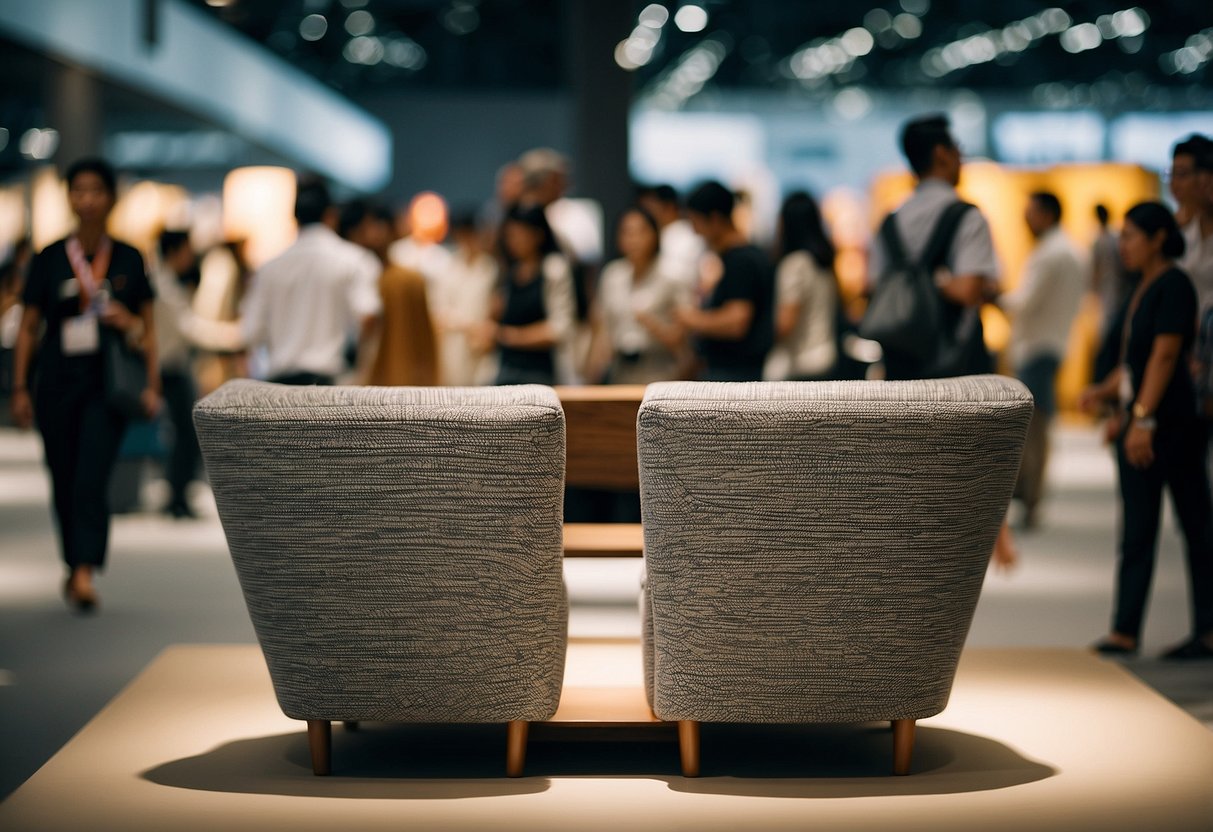The bustling Singapore Furniture Expo showcases modern designs and innovative concepts, with vibrant colors and sleek lines drawing in crowds