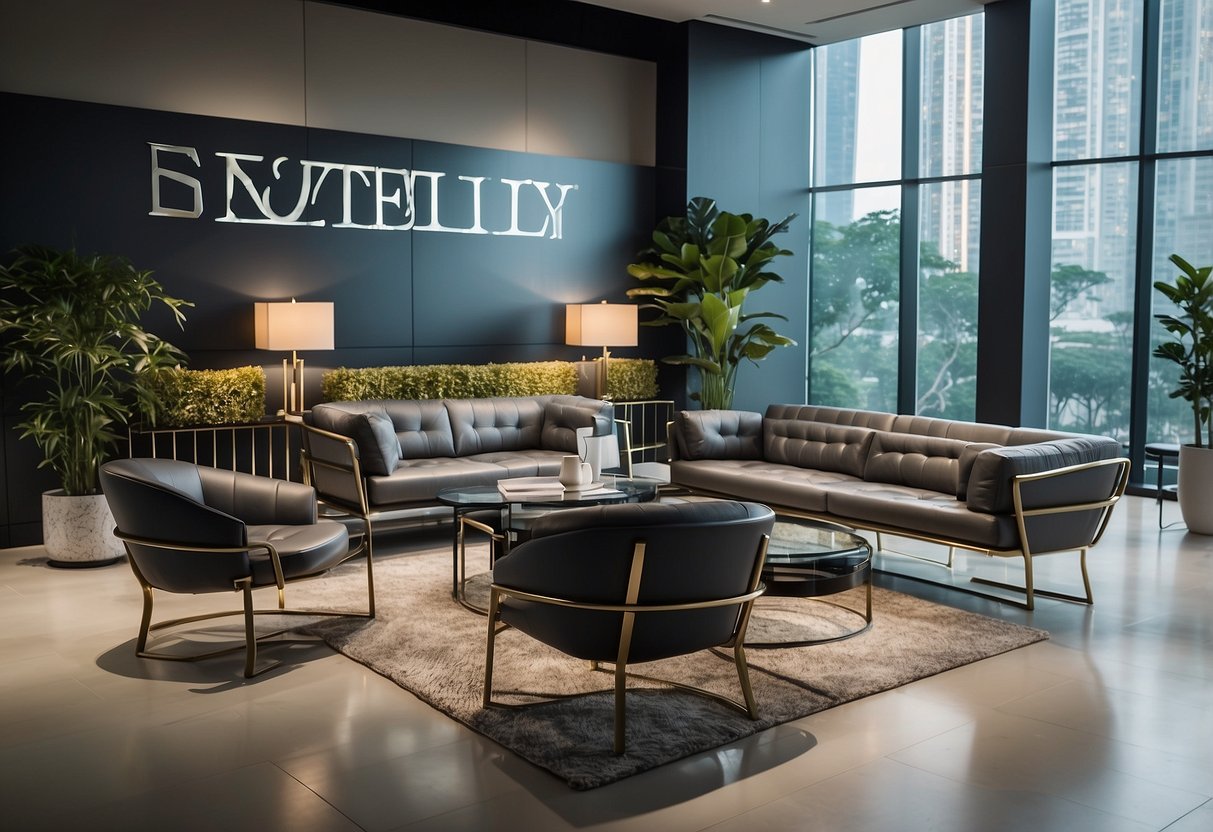 A showroom displaying modern steel furniture in Singapore with a sign reading "Frequently Asked Questions" prominently displayed