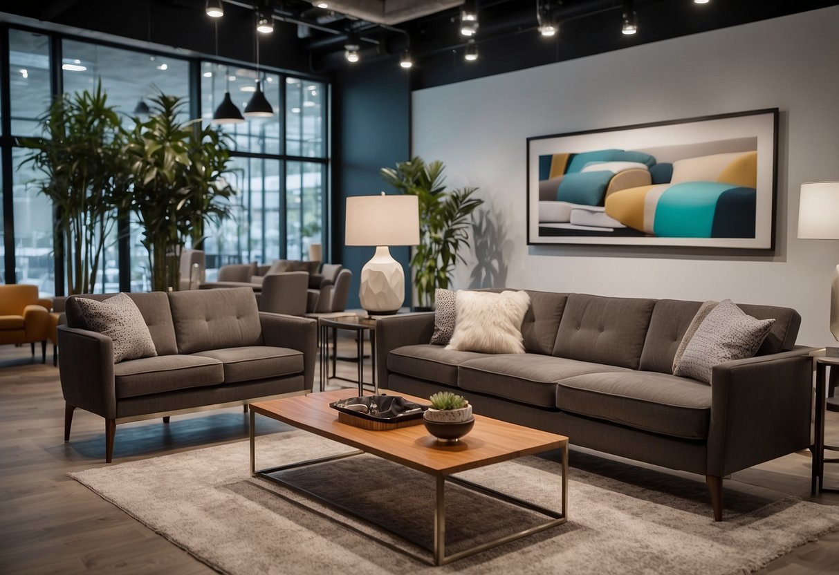 A sleek, modern furniture showroom with a prominent "Frequently Asked Questions" sign above a display of silverline furniture pieces